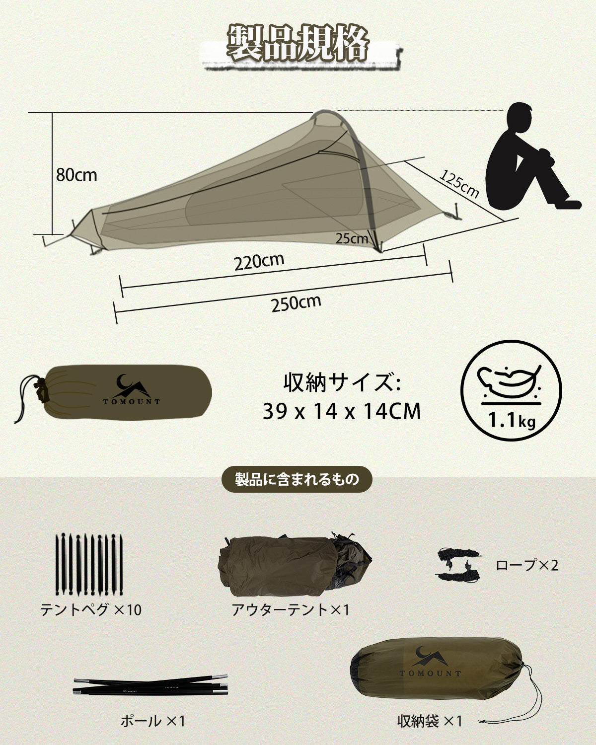 TOMOUNT ソロテント 1.1KG 超軽量テント 1人用 20Dナイロン バックパックテント 二重層 耐水圧3000mm 設営簡単 ダブルウォール 登山テント 自転車旅行 キャンプ アウトドア